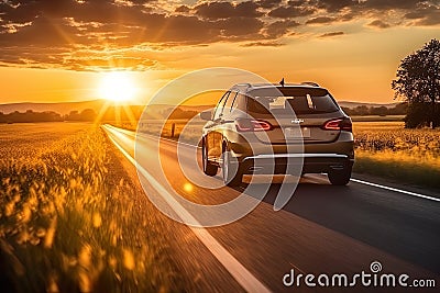 A car driving on a scenic road during a beautiful sunset, capturing the tranquil journey into the twilight Stock Photo