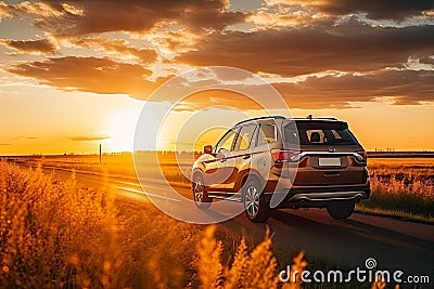 A car driving on a scenic road during a beautiful sunset, capturing the tranquil journey into the twilight Stock Photo