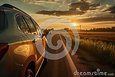 A car driving on a scenic road during a beautiful sunset, capturing the tranquil journey into the twilight Stock Photo