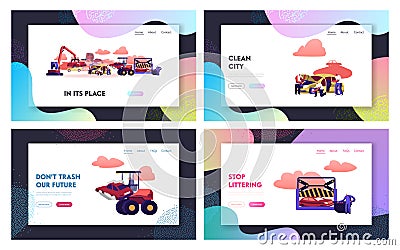 Car Dump Landing Page Template Set. Industrial Crane Grabbing Old Car for Recycling, Utilization Auto for Scrap Metal Vector Illustration