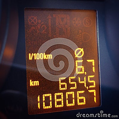 Car electronic dashboard odometer & fuel consumption Stock Photo