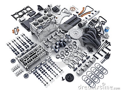 Car engine disassembled. many parts. Cartoon Illustration