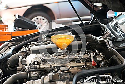 Car engine with funnel Stock Photo