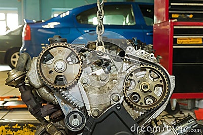 Car engine on a lift Stock Photo