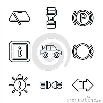car engine line icons. linear set. quality vector line set such as indicators, parking, problems, brake, boot, information, Vector Illustration