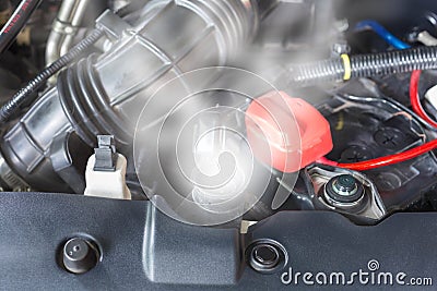 Car engine over heat due to no water in radiator and cooling system Stock Photo