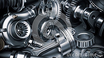 Car engine parts. Closeup 3d Stock Photo