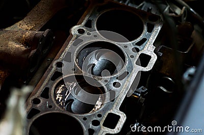 Car engine repair cleaning and replacing cylinder head Stock Photo