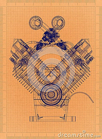 Car Engine - Retro Blueprint Stock Photo