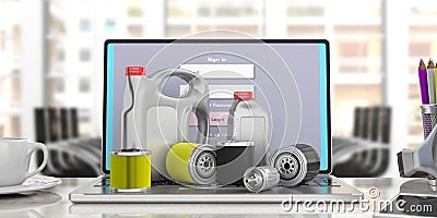 Motor fuel and oil filters and engine oil canisters on a laptop, blur business background. 3d illustration Cartoon Illustration