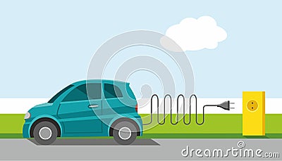 Car, environmental, electrical, charge, powered by energy, ECOCAR, color, flat. Vector Illustration