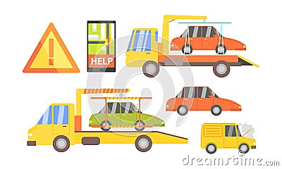 Car Evacuation Set, Road Assistance Service Help, Evacuator Tow Track and Damaged Cars Vector Illustration Vector Illustration