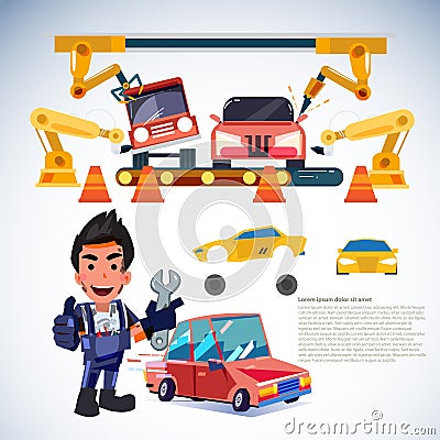 Car factor. robotic arms make car. automations. mechanic engineer character design - vector Vector Illustration