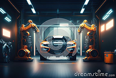 Car factory assembly line with automatic robotic arms working. Generative AI Stock Photo
