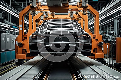 Car Factory Automated Conveyor Robot Assembly Line. Generative AI Stock Photo