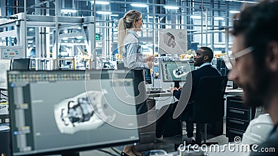 Car Factory Office: Engineer Working on Turbine Prototype on Computer, Design Advanced 3D Model for Stock Photo