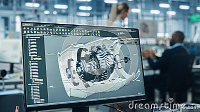 Car Factory Office: Engineer Working on Turbine Prototype on Computer, Design Advanced 3D Model for Stock Photo