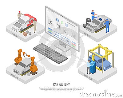 Car factory production concept banner, isometric style Vector Illustration