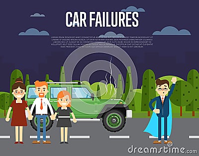 Car failures concept with people near broken car Vector Illustration