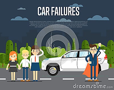 Car failures concept with people Vector Illustration