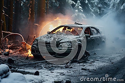 Car on fire after an accident Stock Photo