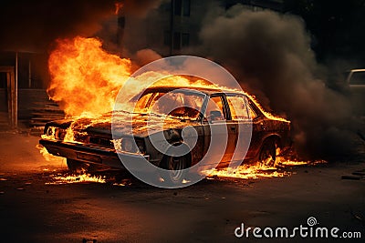 Car Fire, Flames, and Smoke Pose Danger. Generative By Ai Stock Photo