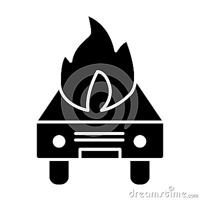 Car on fire solid icon. Fire in auto vector illustration isolated on white. Burning automobile glyph style design Vector Illustration