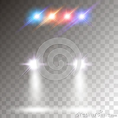 Car flares with colorful siren effect. Realistic car headlights Vector Illustration