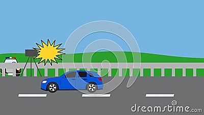 Car flashed on the highway by a radar Cartoon Illustration