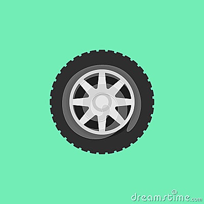 Car flat wheel with tire vector icon on green background Vector Illustration