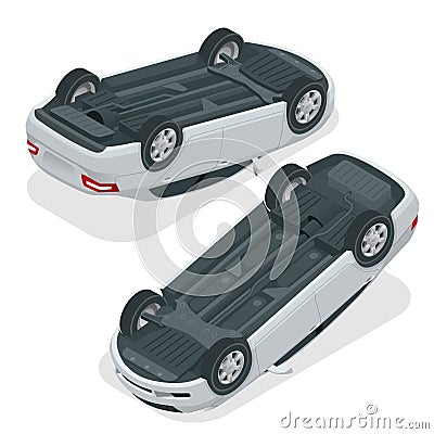 Car flipped. Car turned over after accident. Vehicle flipped onto roof. Vector isometric illustration. Vector Illustration