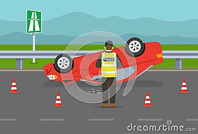 Car flips onto roof after colliding with vehicle. Upside down car crash on highway. Police officer records a road accident. Vector Illustration