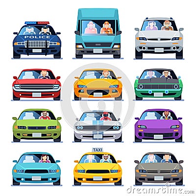 Car front view. Auto automotive people man woman child family urban drivers traffic vehicles driving cars set flat set Vector Illustration