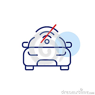 Car front view and no wi-fi symbol. Smart vehicle disconnected, navigation unavailable. Pixel perfect, editable stroke icon Vector Illustration