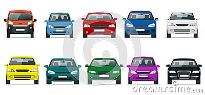 Car front view set. Vehicles driving in the city. Vector flat style illustration isolated on white background. Vector Illustration