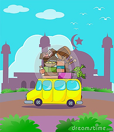 Car full luggage on ramadan kareem travel Vector Illustration