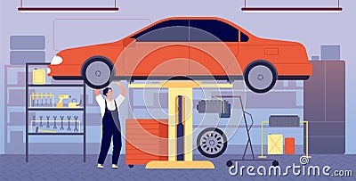 Car garage. Auto repair service, workshop station with tool equipment. Mechanic maintenance vehicle, transport check in Vector Illustration