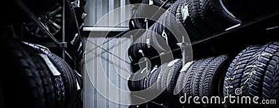 Tyres being stored in a garage Stock Photo