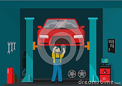 Car garage vector illustration, man mechanic standing and repairing auto Vector Illustration