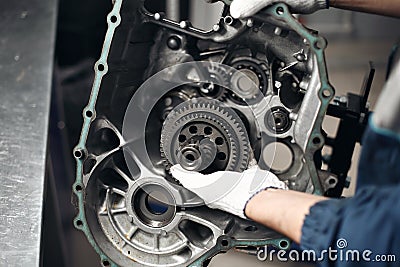 Car Gear Box Repair automotive repair workshop garage mechanic Stock Photo