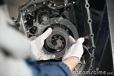 Car Gear Box Repair automotive repair workshop garage mechanic Stock Photo