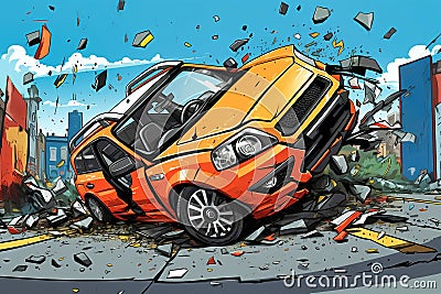 The car get damaged in an accident on the road. Broken car after a collision. Serious car accident. Road traffic accident Stock Photo