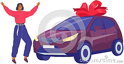 Car gift with happy woman joyfully jumping and waving hands. New automobile with big red bow ribbon Vector Illustration