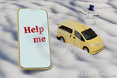 the car got stuck in the snow. message on the phone help me. 3d render Stock Photo