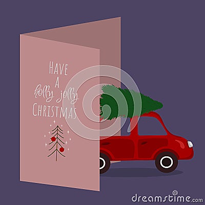 Greeting card with a red car driving with a tree on the roof. Stock Photo