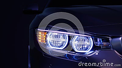 Car headlight with copy space macro view. Led or xenon lamp. Closeup of modern prestigious car. 3d illustration Stock Photo
