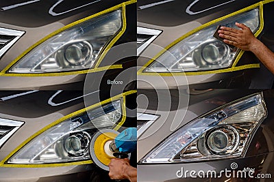 Car headlights with power buffer machine at service station - a series of CAR CARE images Stock Photo
