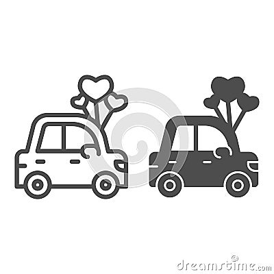 Car with heart shaped balloons line and solid icon, valentine day concept, auto with love sign on white background Vector Illustration