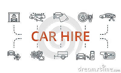 Car Hire icon set. Monochrome simple Car Hire icon collection. Car Wash, Polishing, Wrap Film, Inflate Tire, Body Paint Vector Illustration