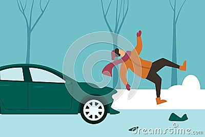 The car hit a man. Winter accident. Vector illustration Vector Illustration